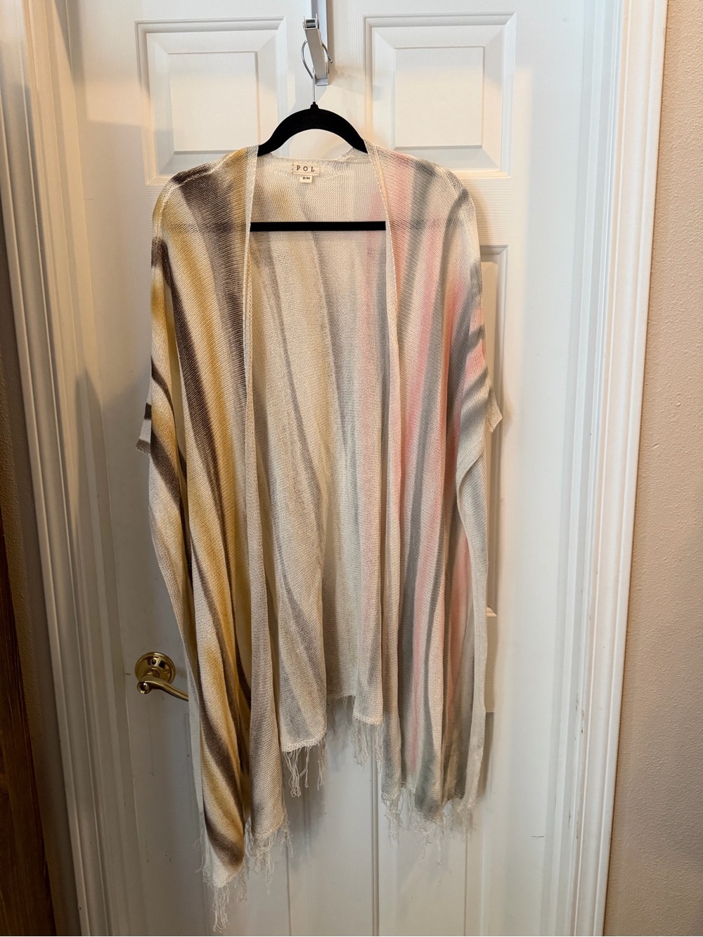 POL Striped Open-Front Shawl Cardigan in Pink, Yellow, Gray and Cream